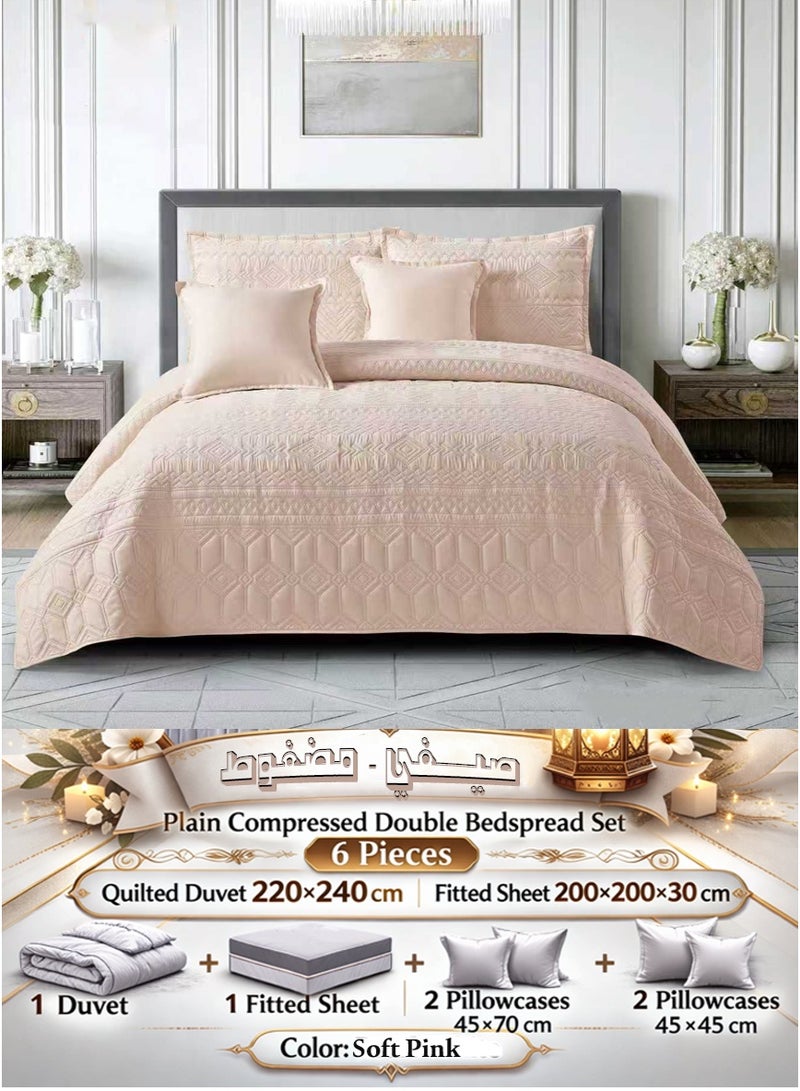Miral Plain Compressed Double Bedspread Set – 6 Pieces – Quilted Duvet 220×240 cm with Fitted Sheet 200×200×30 cm - Image 1