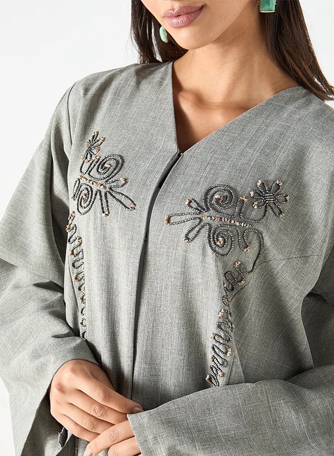 Hadiyath Al Madinah Embroidered Grey  Abaya - HM