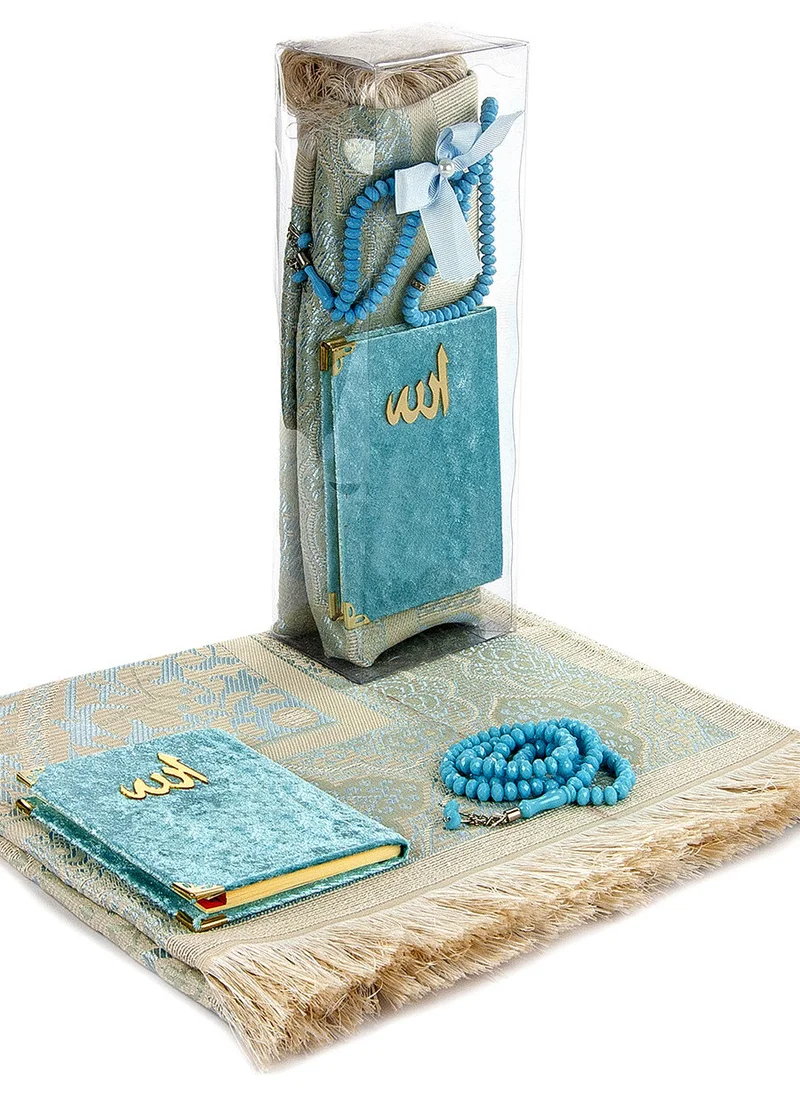 İhvan PVC Boxed Prayer Rug Set - Velvet Covered Yasin - Prayer Rug - Prayer Beads - Blue Color