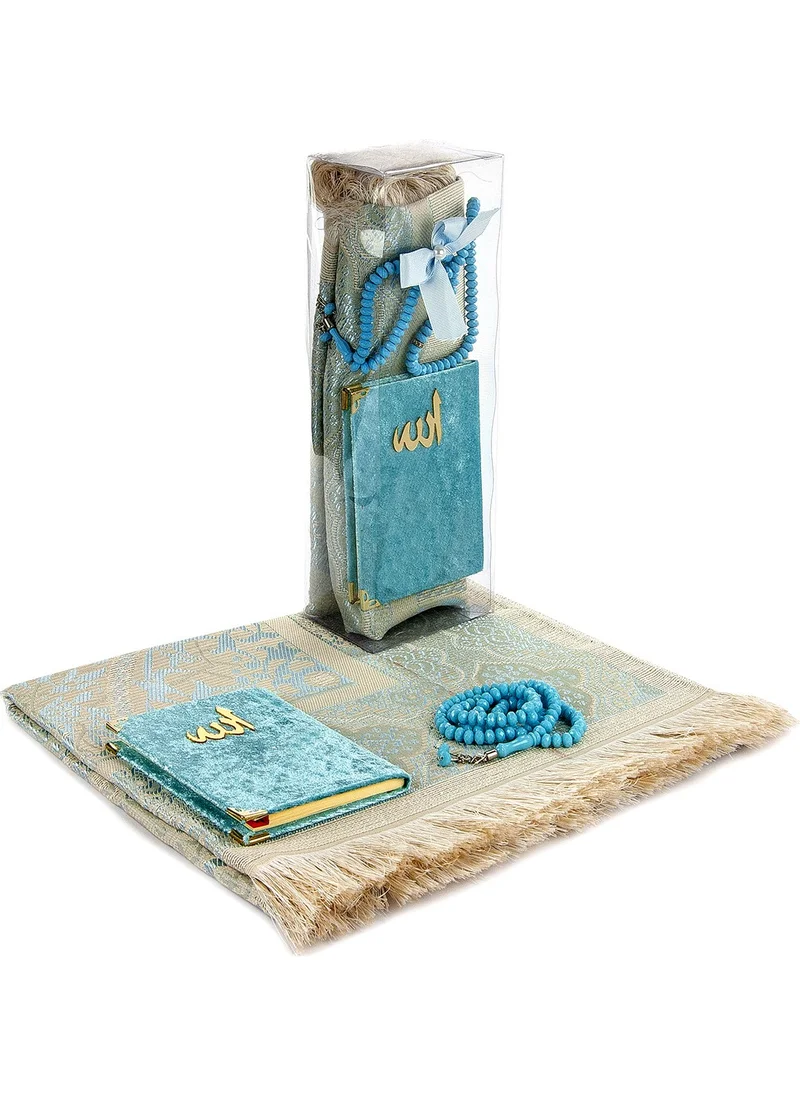 İhvan PVC Boxed Prayer Rug Set - Velvet Covered Yasin - Prayer Rug - Prayer Beads - Blue Color