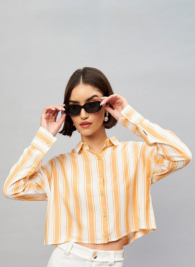 CHIMPAAANZEE Opaque Striped Casual Crop Shirt - Image 1