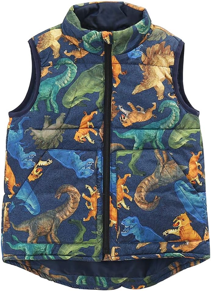 MOMOLAND Store little Boys front zip Dinosaur Sleeveless Warm Padded Vest, Outerwear - Image 1