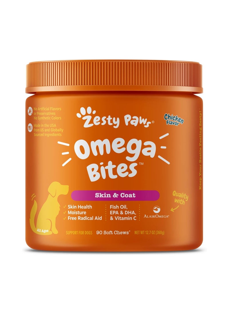 Zesty Paws Zesty Paws, Omega Bites for Dogs, Skin & Coat, All Ages, Chicken, 90 Soft Chews, 12.7 oz (360 g) 
