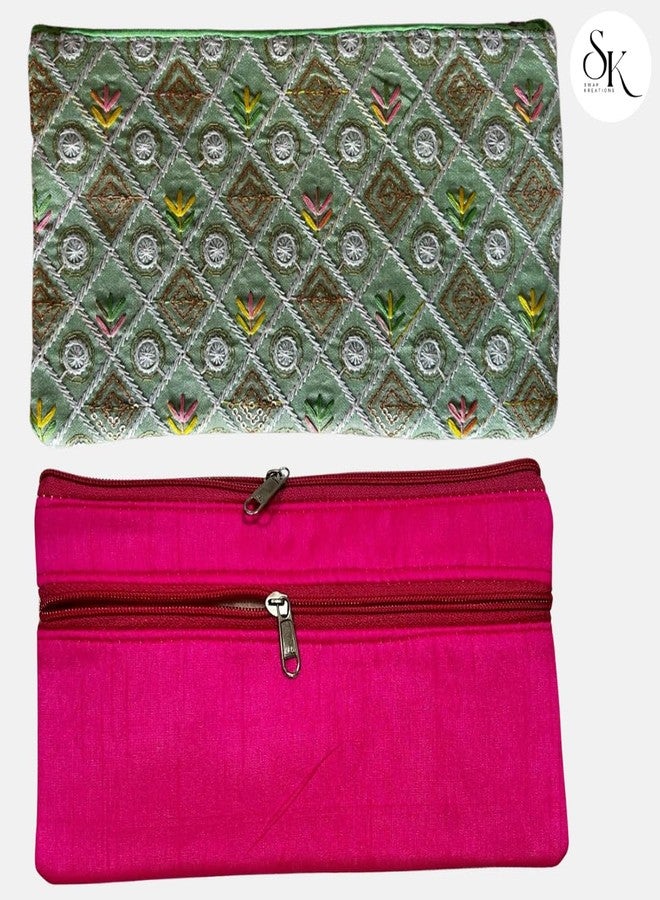 SwapKreations Premium Embellished Ethnic Design Zipper Pouch | Magenta, Cream, Pista Green | Set of 3 | Ethnic Wedding Gift, Makeup, Coin & Travel Organizer - Image 3