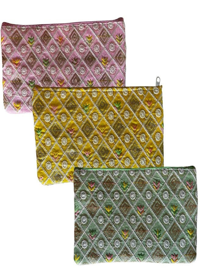 SwapKreations Premium Embellished Ethnic Design Zipper Pouch | Magenta, Cream, Pista Green | Set of 3 | Ethnic Wedding Gift, Makeup, Coin & Travel Organizer - Image 1
