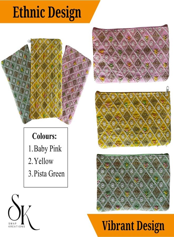 SwapKreations Premium Embellished Ethnic Design Zipper Pouch | Magenta, Cream, Pista Green | Set of 3 | Ethnic Wedding Gift, Makeup, Coin & Travel Organizer - Image 2