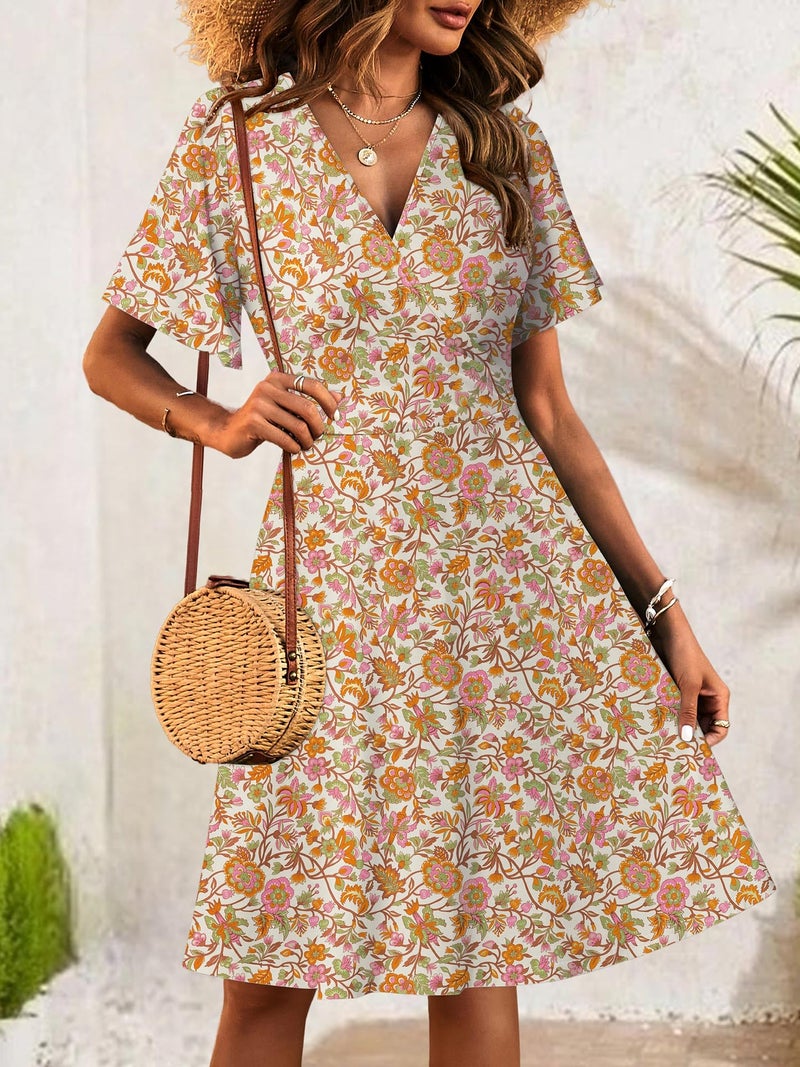 FENSACE Boho Clothes for Women Summer Empire Waist Floral Bohemian Knee Length Country Concert Outfit(Beige Orange Floral-102,Large) - Image 3