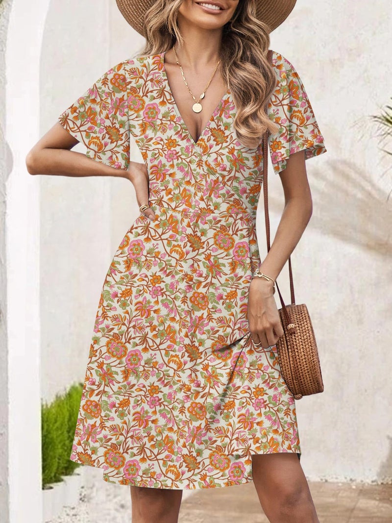FENSACE Boho Clothes for Women Summer Empire Waist Floral Bohemian Knee Length Country Concert Outfit(Beige Orange Floral-102,Large) - Image 2
