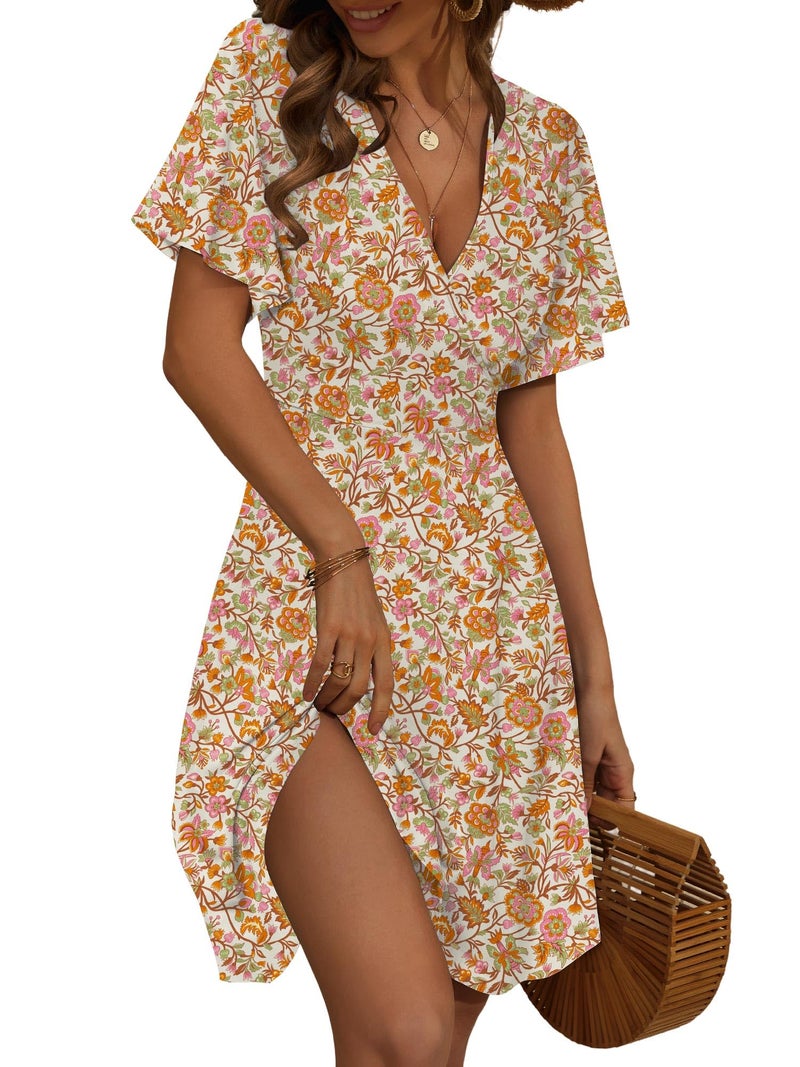 FENSACE Boho Clothes for Women Summer Empire Waist Floral Bohemian Knee Length Country Concert Outfit(Beige Orange Floral-102,Large) - Image 1