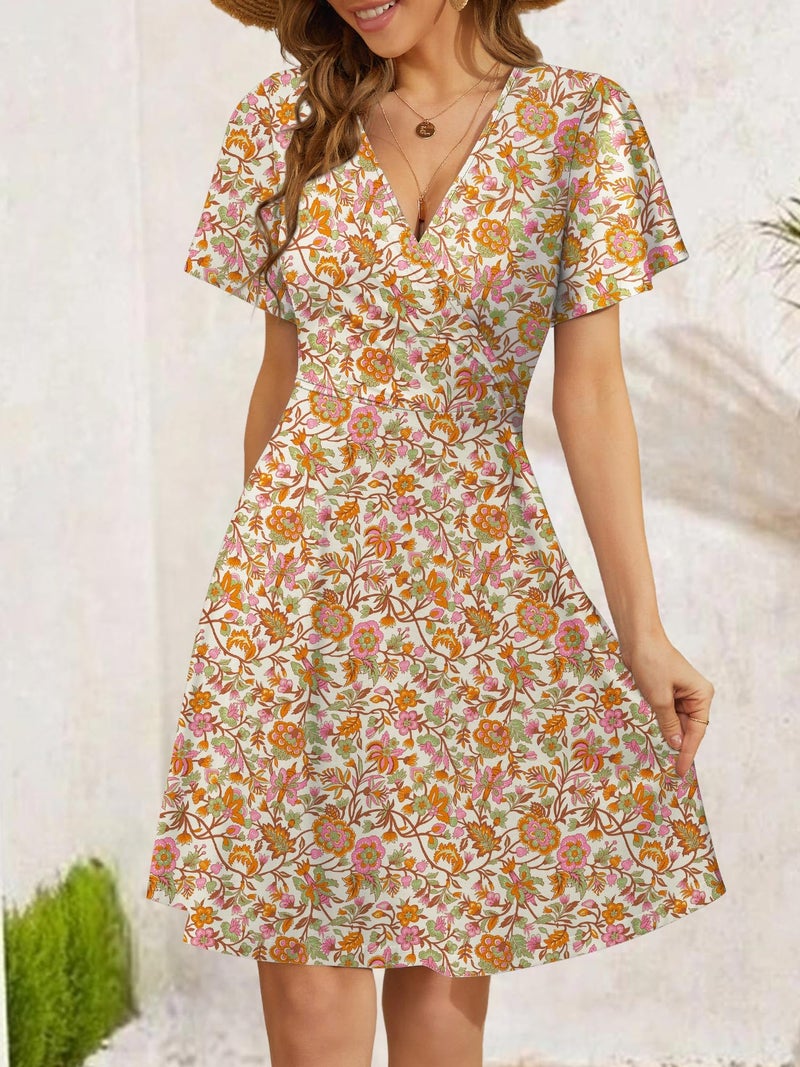 FENSACE Boho Clothes for Women Summer Empire Waist Floral Bohemian Knee Length Country Concert Outfit(Beige Orange Floral-102,Large) - Image 4