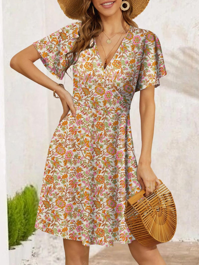 FENSACE Boho Clothes for Women Summer Empire Waist Floral Bohemian Knee Length Country Concert Outfit(Beige Orange Floral-102,Large) - Image 5