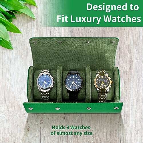 ROSELLE Watch Roll Travel Case for Men and Women- 3 Watch Storage and Organizer-Secure Storage with Innovative Removable Pillows & Solid Dividers for Home Storage, Travel and Display (Green Cross-3 Slot) - Image 3