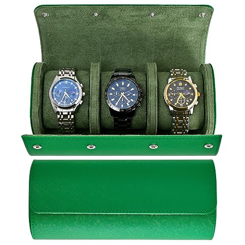 ROSELLE Watch Roll Travel Case for Men and Women- 3 Watch Storage and Organizer-Secure Storage with Innovative Removable Pillows & Solid Dividers for Home Storage, Travel and Display (Green Cross-3 Slot) - Image 1