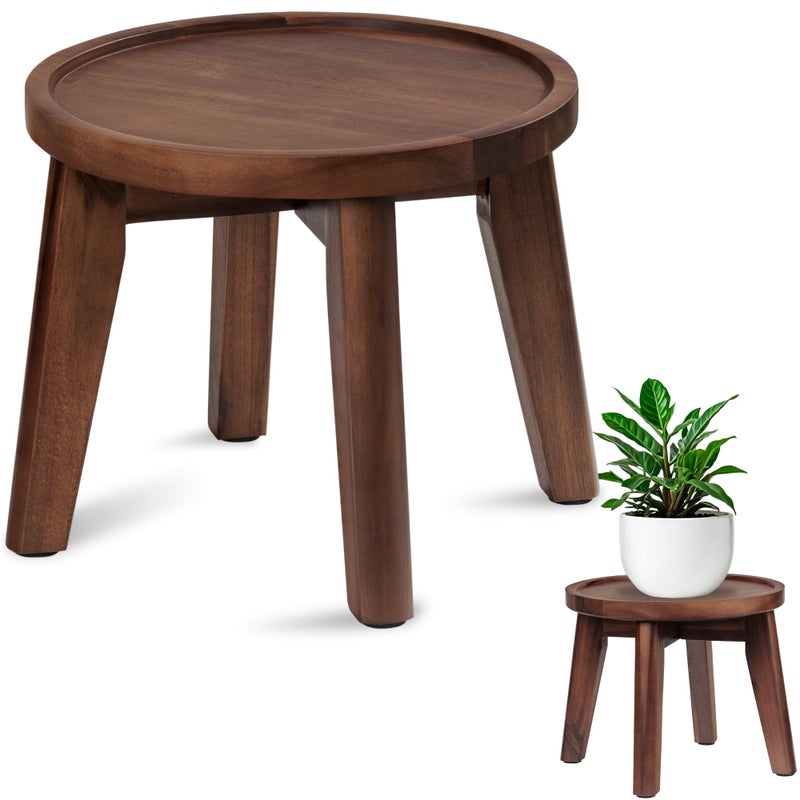 Demigo Indoor Plant Stand, Acacia Wooden Decorative Plant Shelf with Spill-Proof Tray, Stable 8â€ Tall Flower Holder for Heavy Pots, Gardening Display for Decor Living Room Patio - Dark Brown - Image 1