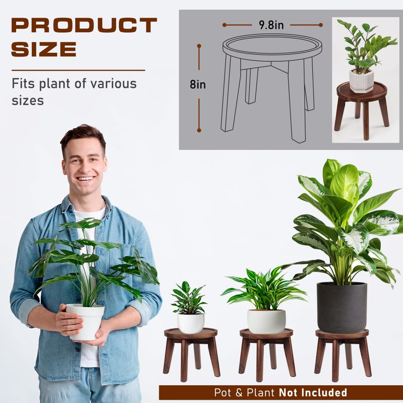Demigo Indoor Plant Stand, Acacia Wooden Decorative Plant Shelf with Spill-Proof Tray, Stable 8â€ Tall Flower Holder for Heavy Pots, Gardening Display for Decor Living Room Patio - Dark Brown - Image 2