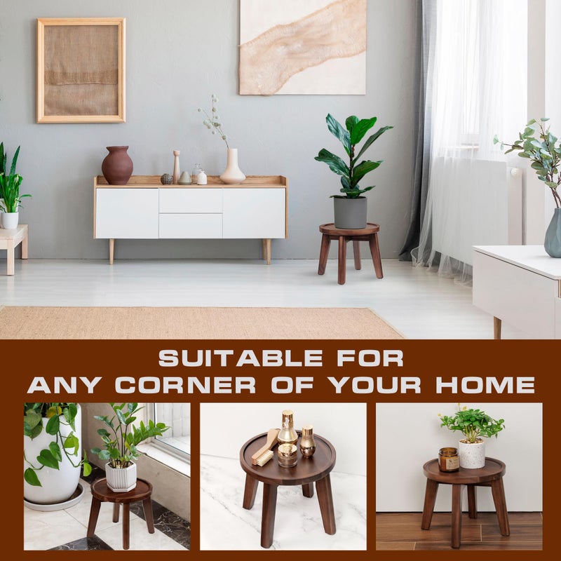 Demigo Indoor Plant Stand, Acacia Wooden Decorative Plant Shelf with Spill-Proof Tray, Stable 8â€ Tall Flower Holder for Heavy Pots, Gardening Display for Decor Living Room Patio - Dark Brown - Image 5