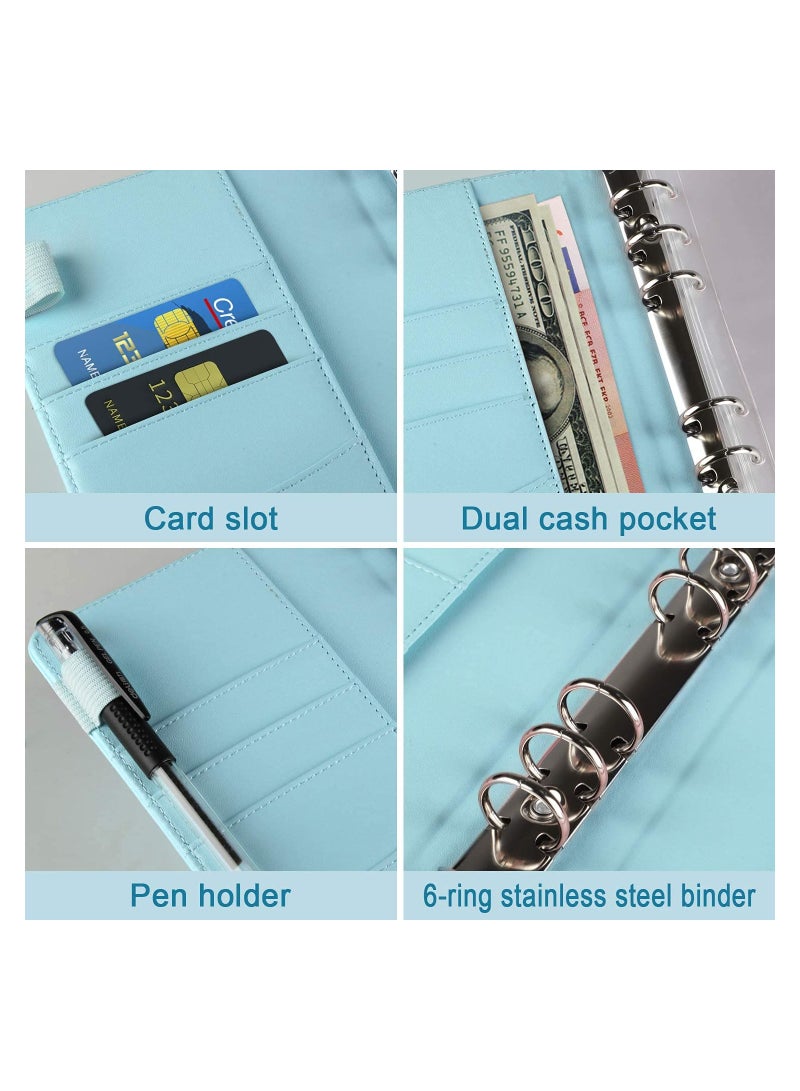 Zikra Budget Binder, Budget Binder with Zipper Envelopes 14Pcs Pockets A6 with Leather Binder Cover, Money Organizer Clear Loose Leaf Bags for Cash Envelopes, Bill Organizer Waterproof and Durable, (Blue) - Image 3
