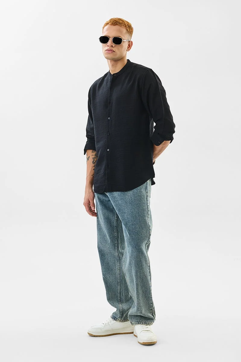 سنيتش Black Textured Long Sleeve Slim Fit Shirt