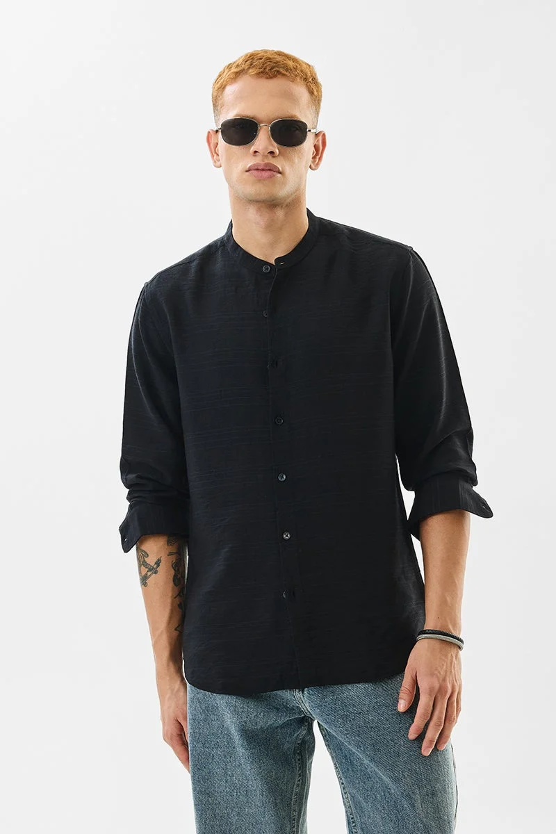 سنيتش Black Textured Long Sleeve Slim Fit Shirt