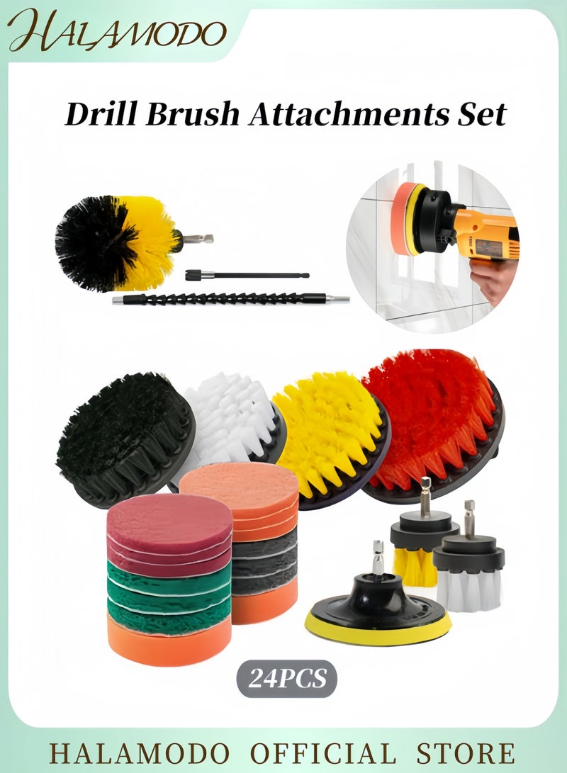 HALAMODO 24PCS Drill Brush Attachments Set All Purpose Power Clean Scrubber Cleaning Kit Tool Brush Disc Brush Small Brush Drill Bit Sponge for Bathroom & Kitchen & Floor & Car & Tub & Corner - Image 1
