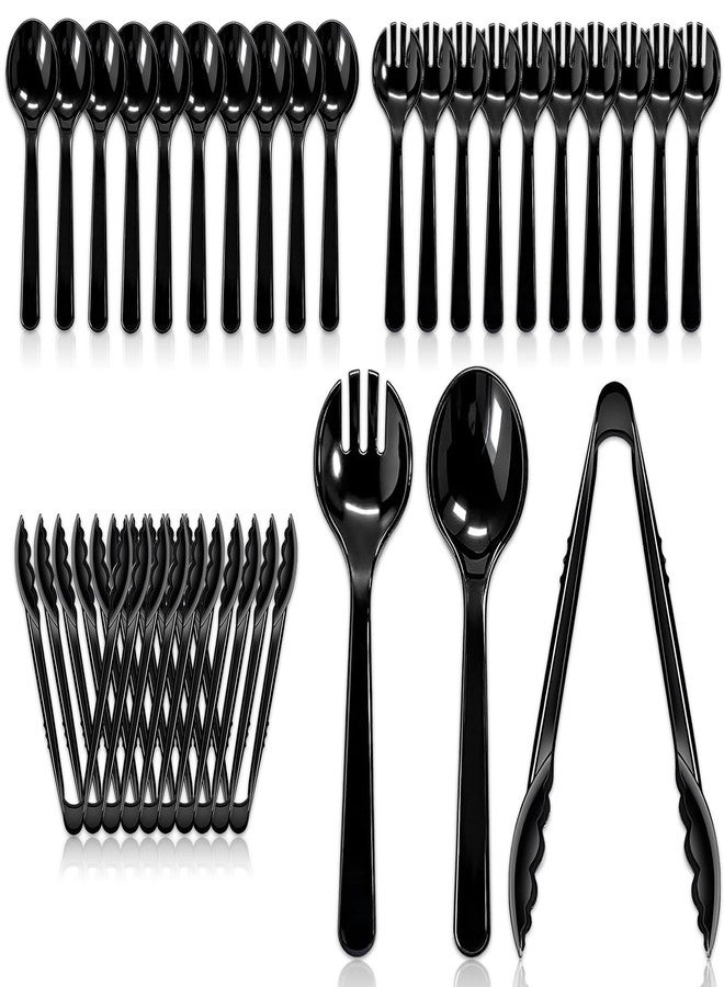 Hazyore 24 Pack Disposable Black Plastic Serving Utensils, Including Plastic Serving Spoons, Forks And Tongs, Disposable Serving Spoons For Buffet Dinner Parties Buffets Banquets Events Weddings And Daily Use - Image 1