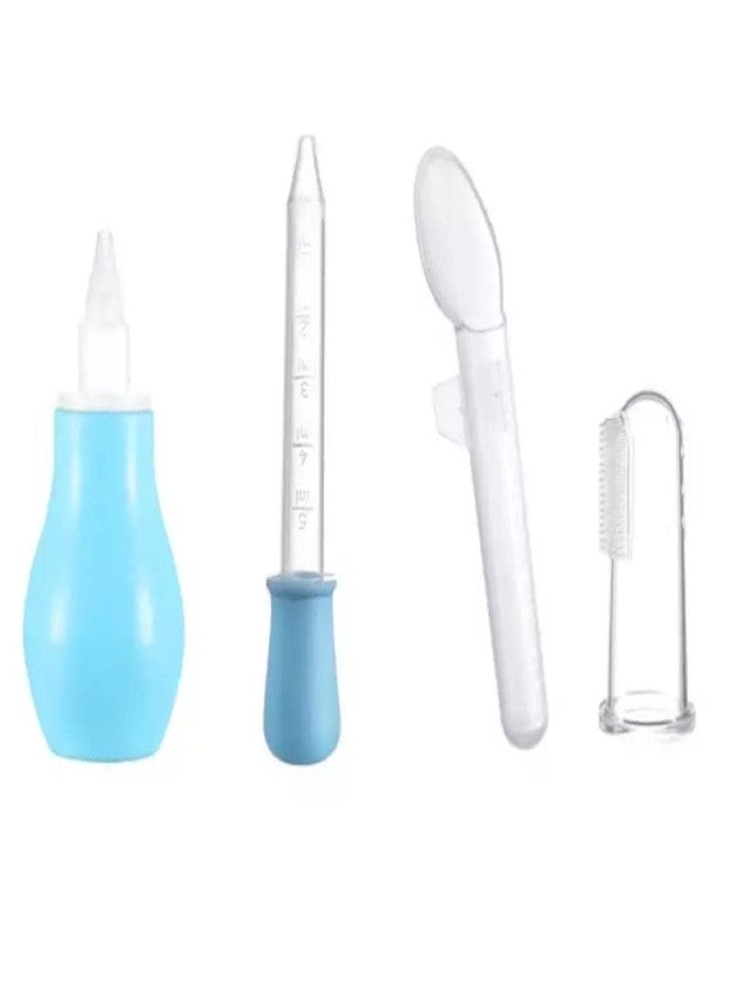 Sanvi Baby 4 pcs Baby Nasal Aspirator Silicon toothbruss Feeding Medicine Dropper and Spoon - silcon with Plastic (Blue ) - Image 1