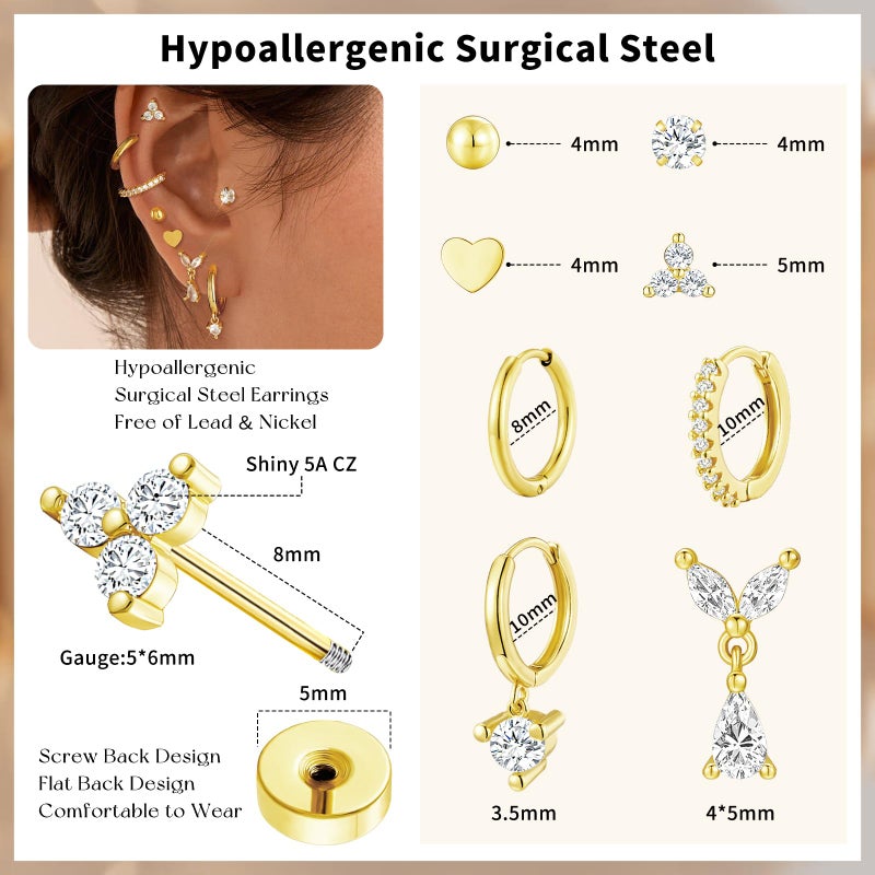 adoyi Gold Hoop Earrings Set for Women Hypoallergenic Surgical Steel Earrings 14K Gold Plated Sensitive Ears Flat Back Studs Stainless Steel Samll Cartilage Huggie Earring for Women Jewelry - Image 5