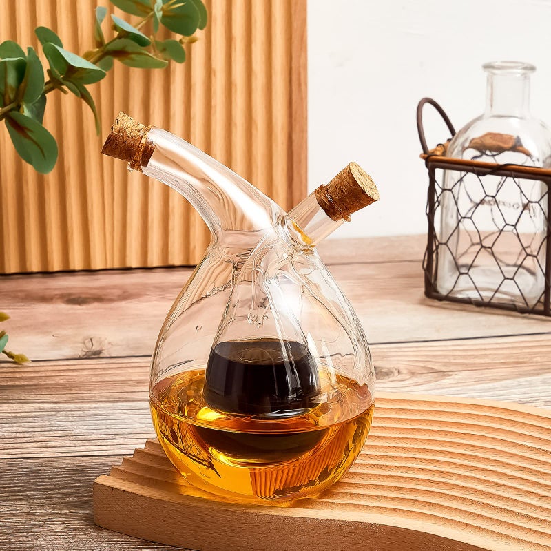 Suclain 2 Pcs Oil and Vinegar Dispenser, 2 in 1 Glass Olive Oil and Vinegar Cruet Dispenser Bottle, Olive Soy Sauce Dispenser Double Pourer Spout, Kitchen Cooking Container(Classic) - Image 3