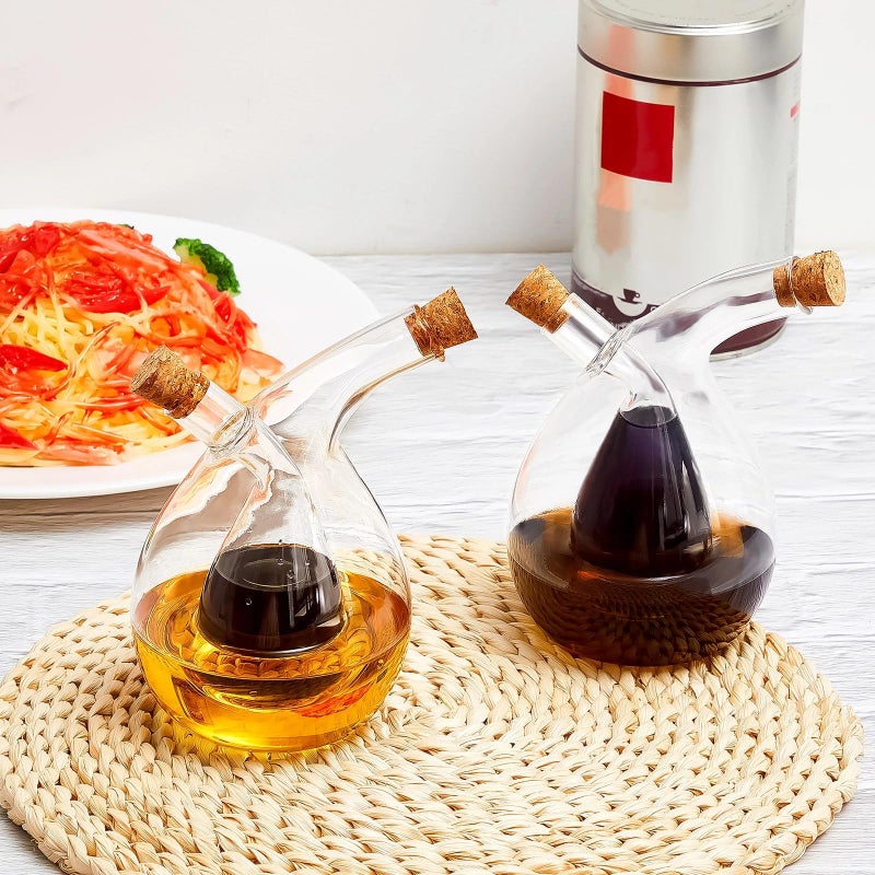 Suclain 2 Pcs Oil and Vinegar Dispenser, 2 in 1 Glass Olive Oil and Vinegar Cruet Dispenser Bottle, Olive Soy Sauce Dispenser Double Pourer Spout, Kitchen Cooking Container(Classic) - Image 4