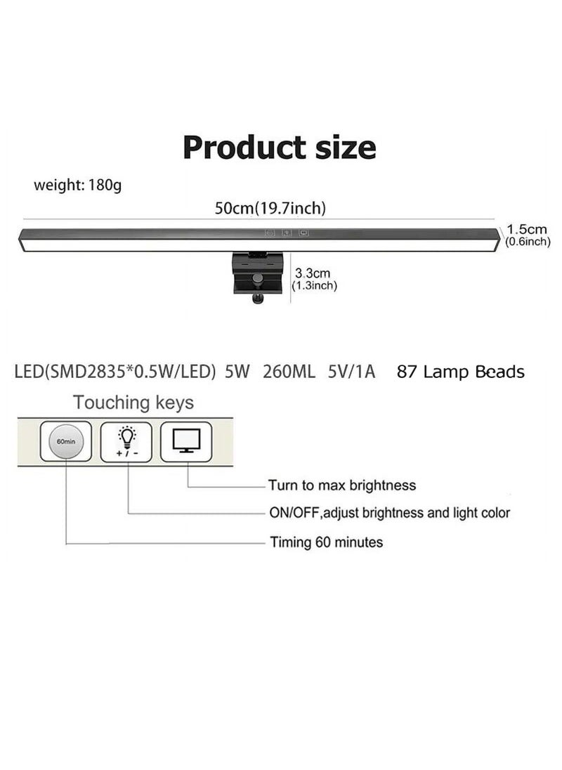 Uwals - 50cm-Computer Monitor Lamp, Light Bar for Eye Caring, e-Reading LED Task Lamp with Auto-Dimming & Stepless Hue Adjustment, Touch Control, No Screen Glare Space Saving Home Office Lamp- 1pcs - Image 1