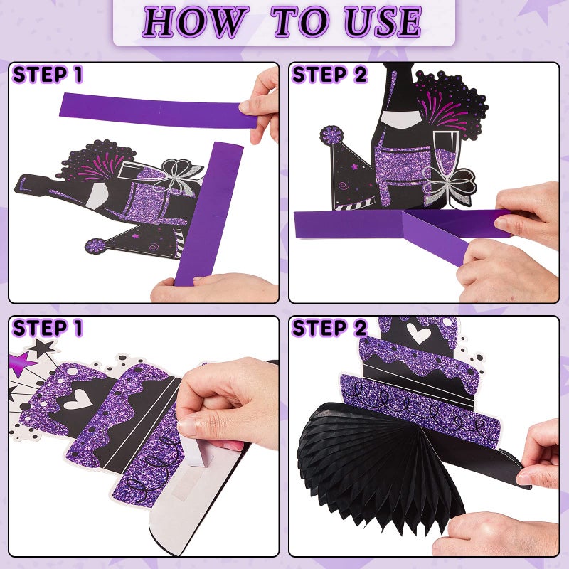 Clabby 12 Pieces Happy Birthday Table Decorations Black Purple Honeycomb Centerpieces Cute Birthday Table Toppers for Women Men Best Wishes Anniversary Theme Party Supplies Photo Props - Image 4