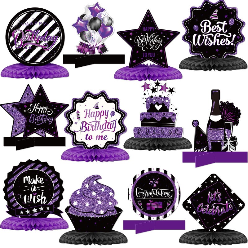 Clabby 12 Pieces Happy Birthday Table Decorations Black Purple Honeycomb Centerpieces Cute Birthday Table Toppers for Women Men Best Wishes Anniversary Theme Party Supplies Photo Props - Image 1