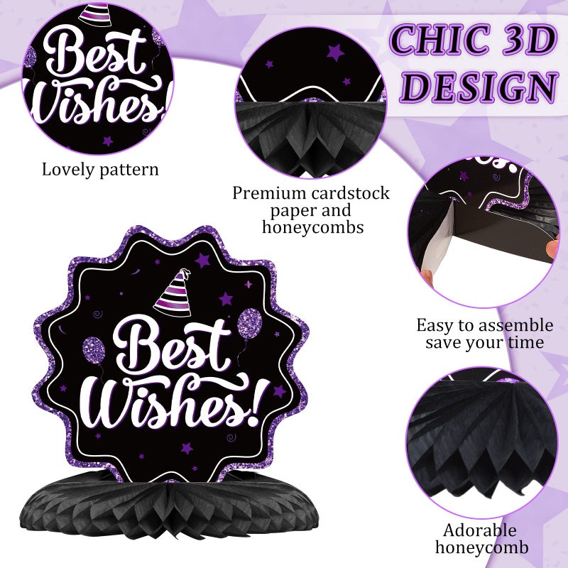 Clabby 12 Pieces Happy Birthday Table Decorations Black Purple Honeycomb Centerpieces Cute Birthday Table Toppers for Women Men Best Wishes Anniversary Theme Party Supplies Photo Props - Image 3