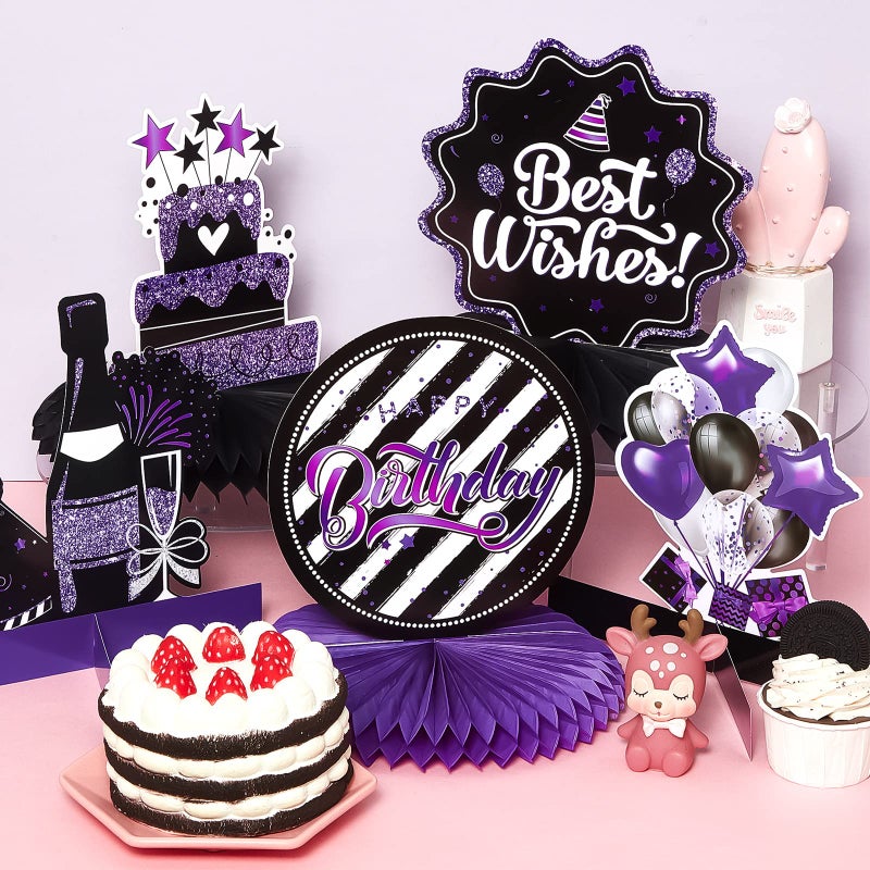 Clabby 12 Pieces Happy Birthday Table Decorations Black Purple Honeycomb Centerpieces Cute Birthday Table Toppers for Women Men Best Wishes Anniversary Theme Party Supplies Photo Props - Image 5