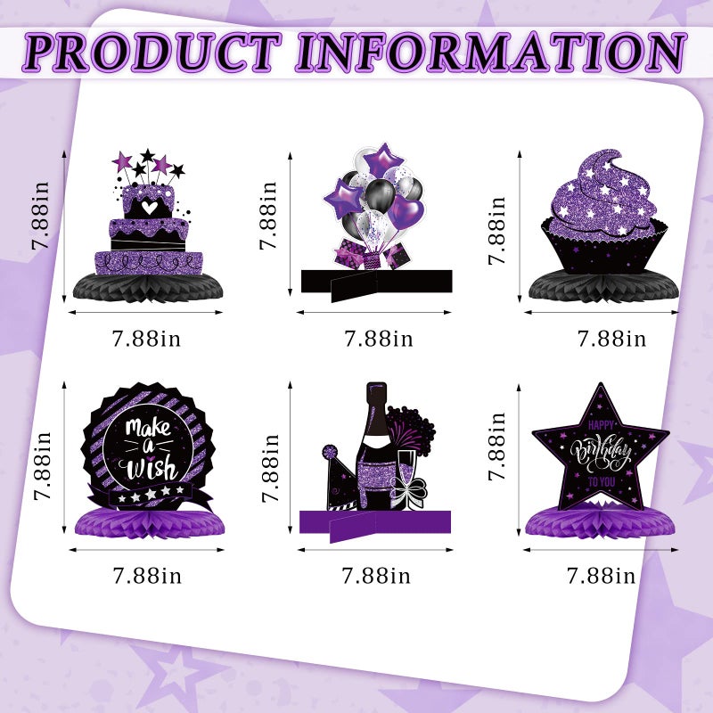 Clabby 12 Pieces Happy Birthday Table Decorations Black Purple Honeycomb Centerpieces Cute Birthday Table Toppers for Women Men Best Wishes Anniversary Theme Party Supplies Photo Props - Image 2