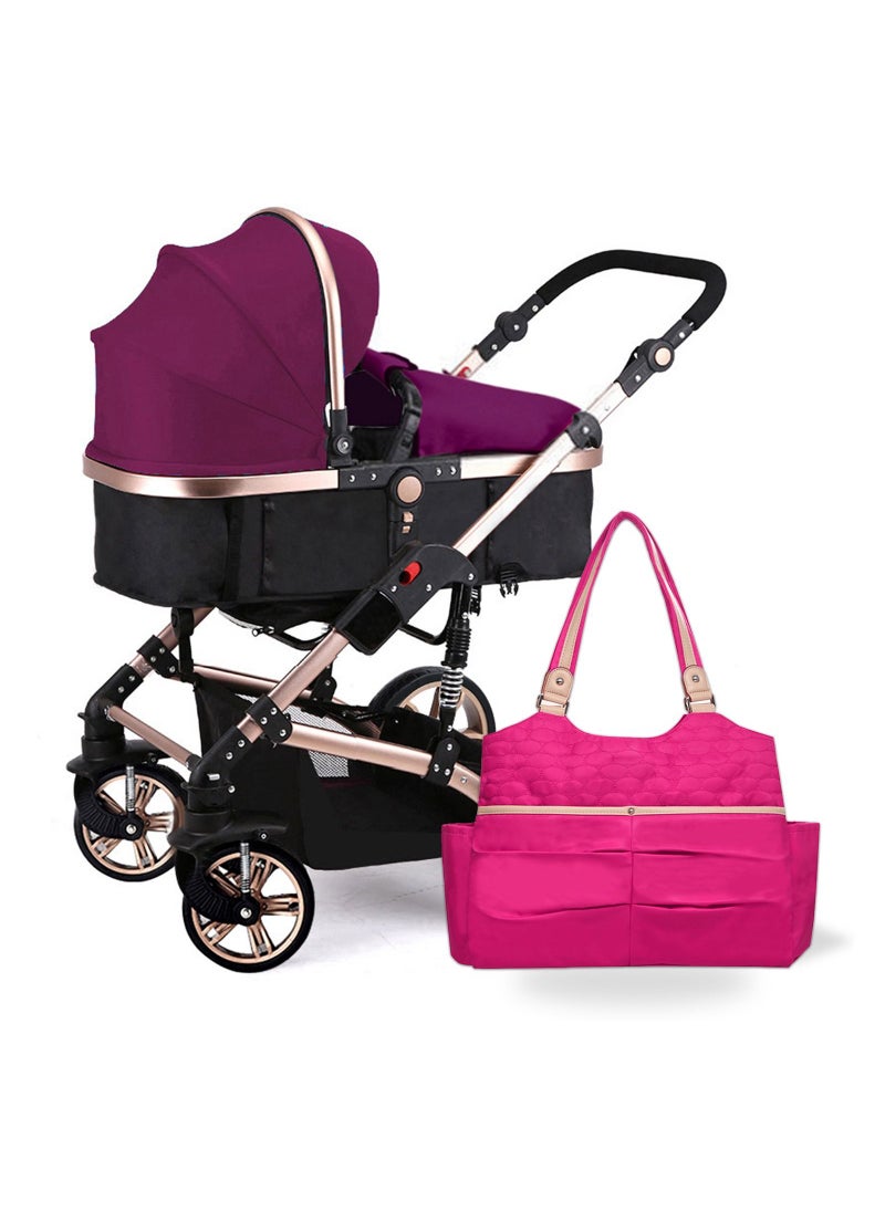 TEKNUM - 3 In 1 Pram Stroller With Sunveno Fashion Diaper Tote Bag - Wine - Image 1