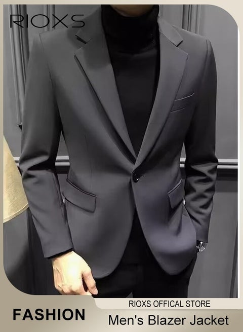 Men's Formal Blazer, Long Sleeve Suit Jacket, One Button Slim Fit Casual Blazer Coat, Men's Formal Attire with Two Side Pockets, Lightweight Elegant Suit Blazer for Business Wedding Prom Dinner Office, Deep Grey