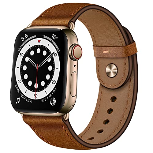 OUHENG Leather Bands Compatible with Apple Watch Band 42mm/41mm/40mm/38mm, Genuine Leather Replacement Strap for iWatch SE3 SE2 SE Series 11 10 9 8 7 6 5 4 3 2 1 (Retro Brown/Bronze Gold) - Image 1