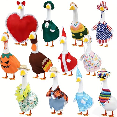 kedaijin 12 Set Holiday Porch Goose Outfits All Seasons Holiday Bundle St Patrick Easter Summer Hawaiian 4th of July Fall Lawn Goose Clothing Porch Clothes for Patio Yard Lawn Decor - Image 1