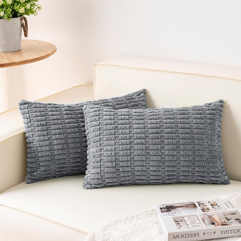 Aegero Pack of 2 Corduroy Decorative Throw Pillow Covers 12x24 Inch Soft Striped Pillow Covers Modern Farmhouse Home Decor for Sofa Living Room Couch Bed（Light Grey） - Image 1