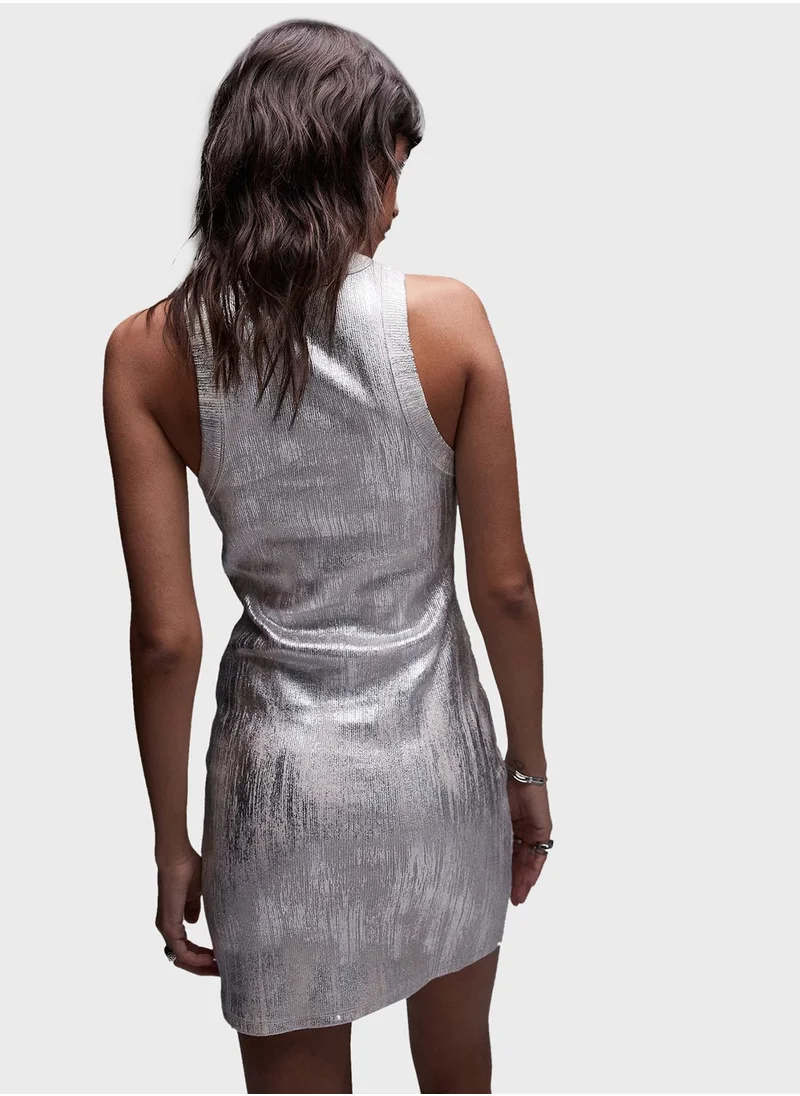 TOPSHOP Racer Metallic Silver Mini Dress