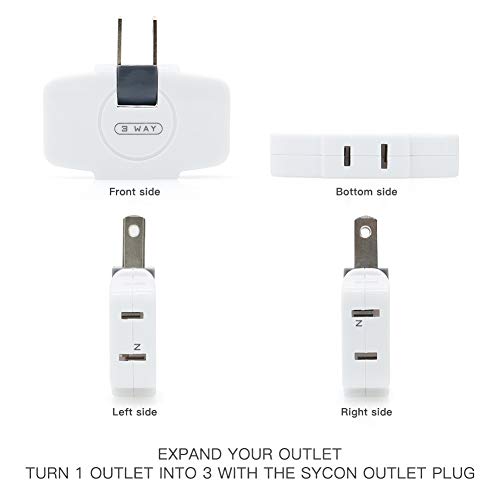 SYCON Outlet Wall Adapter, 2-Prong Swivel Ungrounded Indoor AC Mini Plug Wall Tap-White (3 Way-2 Pack) - Image 4