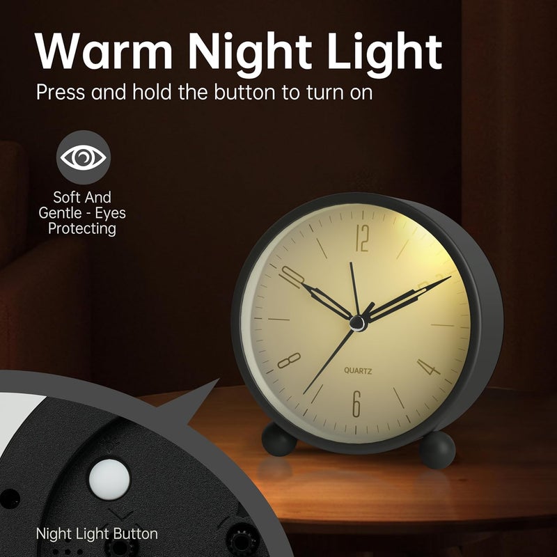 Jall Analog Alarm Clock, 4 inch Super Silent Non Ticking Small Clock with Night Light, Battery Operated, Simple Design, Old Fashioned Style Black Decor, for Bedroom, Bedside, Desk, Adult, Kid, Gift, Black - Image 4
