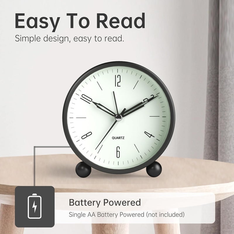 Jall Analog Alarm Clock, 4 inch Super Silent Non Ticking Small Clock with Night Light, Battery Operated, Simple Design, Old Fashioned Style Black Decor, for Bedroom, Bedside, Desk, Adult, Kid, Gift, Black - Image 3