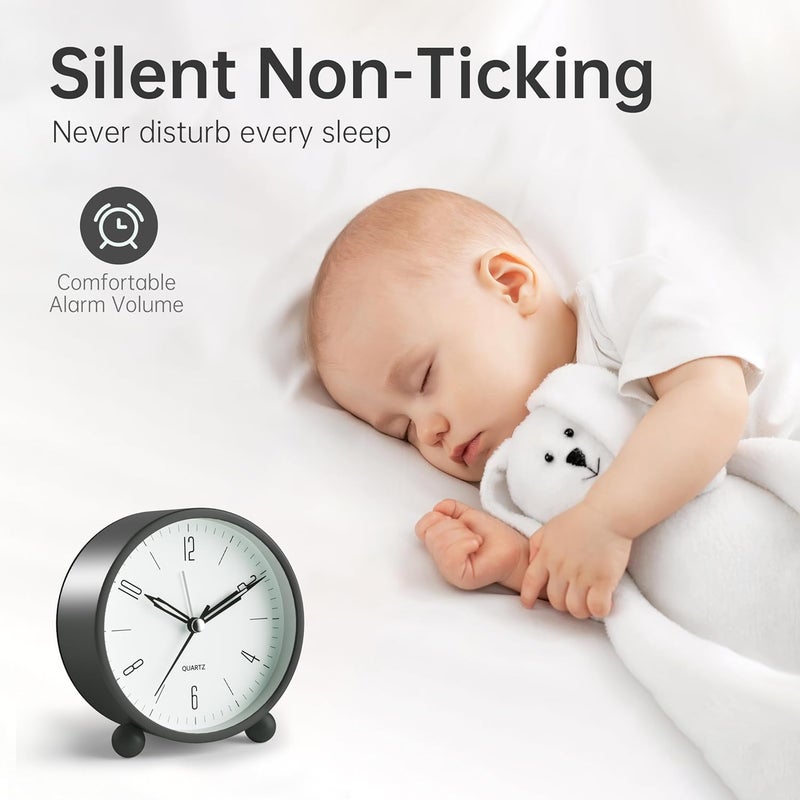 Jall Analog Alarm Clock, 4 inch Super Silent Non Ticking Small Clock with Night Light, Battery Operated, Simple Design, Old Fashioned Style Black Decor, for Bedroom, Bedside, Desk, Adult, Kid, Gift, Black - Image 2