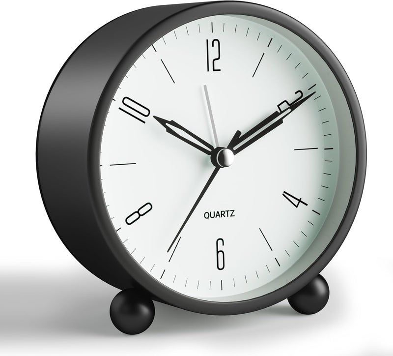 Jall Analog Alarm Clock, 4 inch Super Silent Non Ticking Small Clock with Night Light, Battery Operated, Simple Design, Old Fashioned Style Black Decor, for Bedroom, Bedside, Desk, Adult, Kid, Gift, Black - Image 1