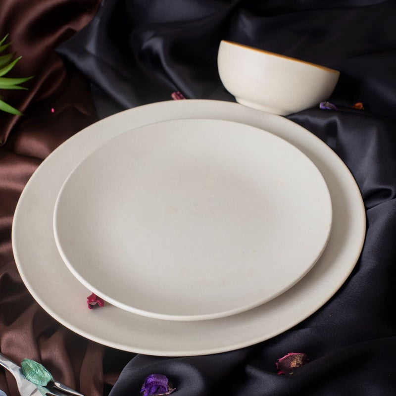Caffeine Ceramic Handmade White Matte Combo Dinner Set of 4 (2 Dinner Plate, 2 Katori Bowl) - Image 3
