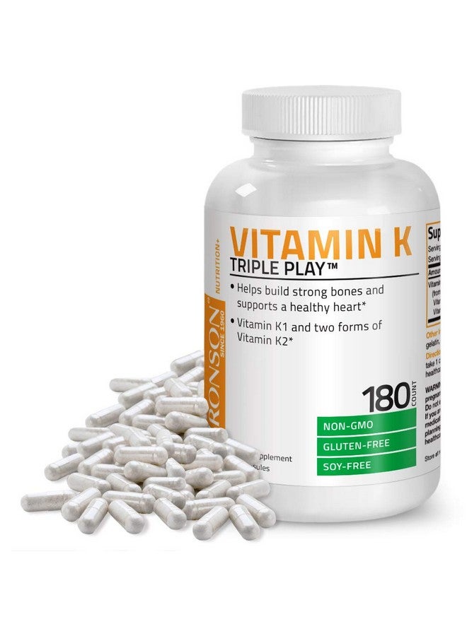 Bronson Vitamin K Triple Play (Vitamin K2 Mk7 / Vitamin K2 Mk4 / Vitamin K1) Full Spectrum Complex Vitamin K Supplement 180 Capsules - Image 1
