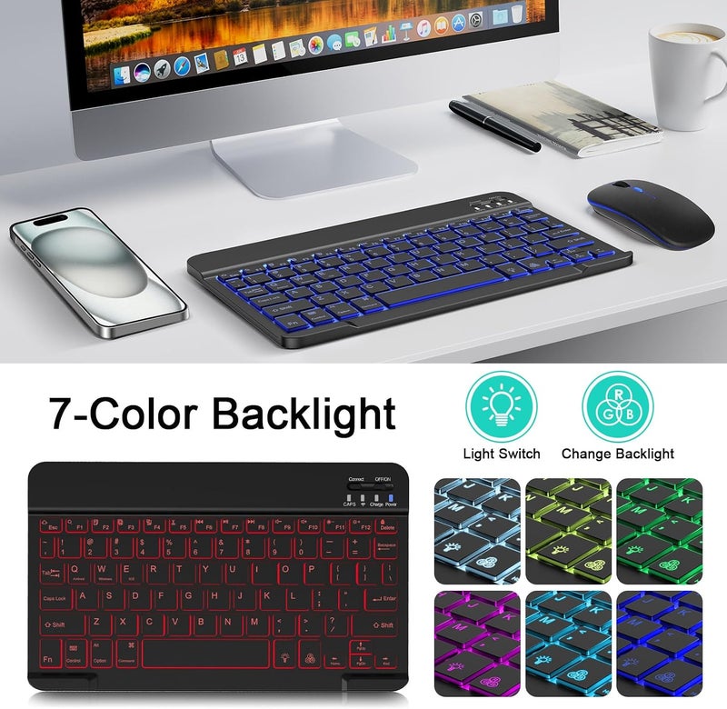 Nsyee Wireless Keyboard And Mouse Combo, Rechargeable Bluetooth Keyboard & Mouse with 7 Color Backlit and 2.4 GHz Wireless USB Receiver, Compatible with Phone, iPad, PC, Laptop, Windows/iOS/Android, Black - Image 3