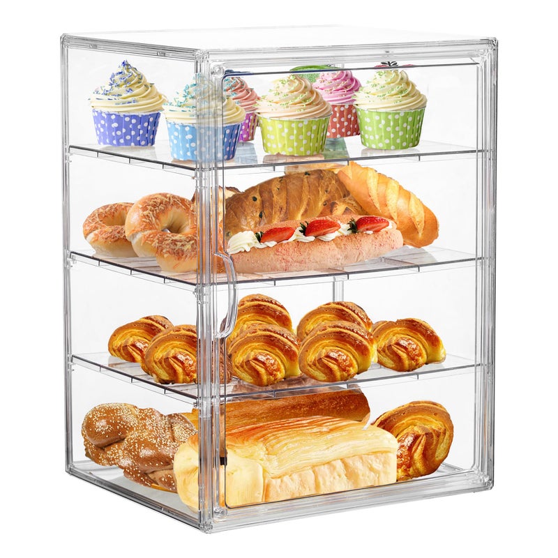 ZLLZUU Bread Box for Kitchen Countertop Pastry Display Case 4 Layers Adjustable Clear Bread Storage Container with Magnetic Door Bread Box Bakery Display Case Bread Holder